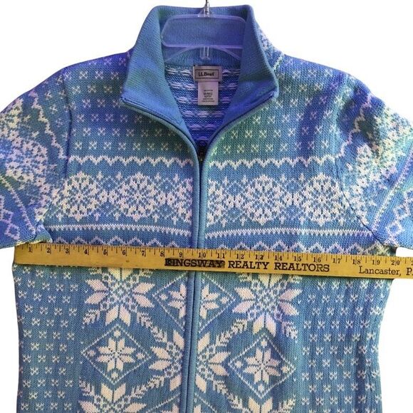 LL Bean Nordic Cardigan Sweater Womens Sz M Blue Fair Isle Heavy Cotton Zip Up - Picture 10 of 14